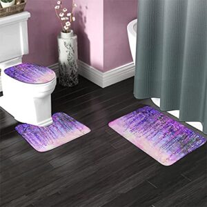 Wondertify Flowers Bathroom Antiskid Pad Spring Purple Flowers Wisteria Blossom Blurred Bokeh 3 Pieces Bathroom Rugs Set, Bath Mat+Contour+Toilet Lid Cover Violet Color