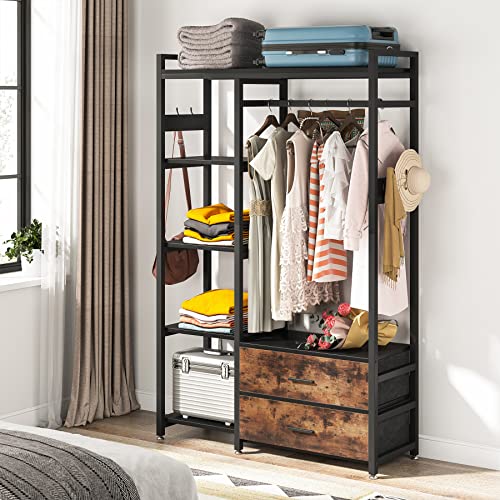 Tribesigns Freestanding Closet Organizer, Clothes Rack with Drawers and Shelves, Heavy Duty Garment Rack Hanging Clothing Wardrobe Storage Closet for Bedroom, Black