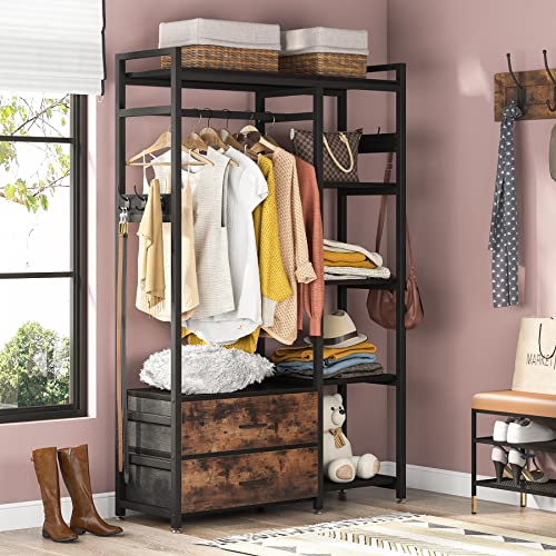 Tribesigns Freestanding Closet Organizer, Clothes Rack with Drawers and Shelves, Heavy Duty Garment Rack Hanging Clothing Wardrobe Storage Closet for Bedroom, Black