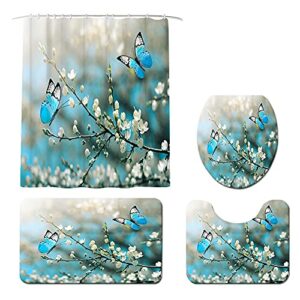 4 piece set butterfly shower curtain turquoise animal bathroom decor teal butterflies on flower tree branch polyester fabric bathtub sets with toilet lid cover anti-slip mat shower rugs