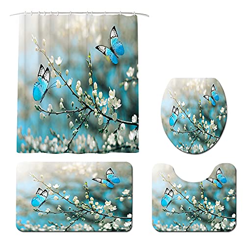 4 Piece Set Butterfly Shower Curtain Turquoise Animal Bathroom Decor Teal Butterflies on Flower Tree Branch Polyester Fabric Bathtub Sets with Toilet Lid Cover Anti-Slip Mat Shower Rugs