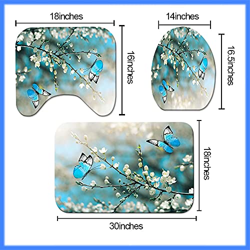 4 Piece Set Butterfly Shower Curtain Turquoise Animal Bathroom Decor Teal Butterflies on Flower Tree Branch Polyester Fabric Bathtub Sets with Toilet Lid Cover Anti-Slip Mat Shower Rugs