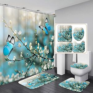 4 Piece Set Butterfly Shower Curtain Turquoise Animal Bathroom Decor Teal Butterflies on Flower Tree Branch Polyester Fabric Bathtub Sets with Toilet Lid Cover Anti-Slip Mat Shower Rugs