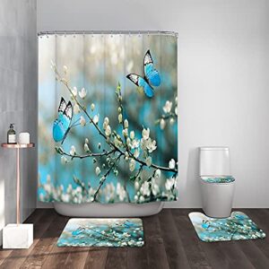 4 Piece Set Butterfly Shower Curtain Turquoise Animal Bathroom Decor Teal Butterflies on Flower Tree Branch Polyester Fabric Bathtub Sets with Toilet Lid Cover Anti-Slip Mat Shower Rugs