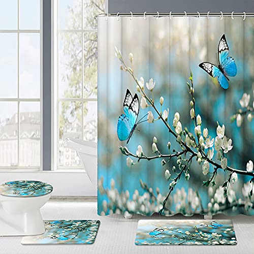 4 Piece Set Butterfly Shower Curtain Turquoise Animal Bathroom Decor Teal Butterflies on Flower Tree Branch Polyester Fabric Bathtub Sets with Toilet Lid Cover Anti-Slip Mat Shower Rugs