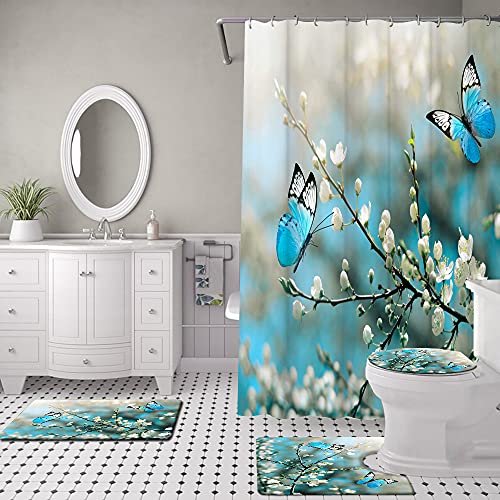 4 Piece Set Butterfly Shower Curtain Turquoise Animal Bathroom Decor Teal Butterflies on Flower Tree Branch Polyester Fabric Bathtub Sets with Toilet Lid Cover Anti-Slip Mat Shower Rugs