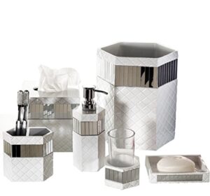creative scents white bathroom accessories set - decorative 6 piece bathroom accessory set features: trash can, tissue cover, soap dispenser, toothbrush holder, tumbler & soap dish (quilted mirror)