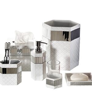 Creative Scents White Bathroom Accessories Set - Decorative 6 Piece Bathroom Accessory Set Features: Trash Can, Tissue Cover, Soap Dispenser, Toothbrush Holder, Tumbler & Soap Dish (Quilted Mirror)