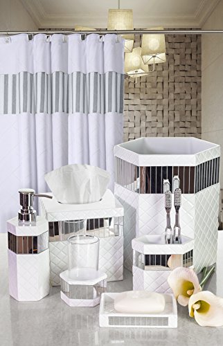 Creative Scents White Bathroom Accessories Set - Decorative 6 Piece Bathroom Accessory Set Features: Trash Can, Tissue Cover, Soap Dispenser, Toothbrush Holder, Tumbler & Soap Dish (Quilted Mirror)