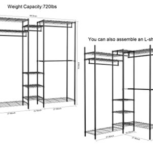 XIOFIO Heavy Duty Wire Garment Rack, Metal Clothing Rack with 4 Hanging Rods and 9 Shelves, Freestanding Open Wardrobe Organizer for Hanging Clothes , 68.5"L x 16.5"W x 76.7"H Max Load 800LBS, Black