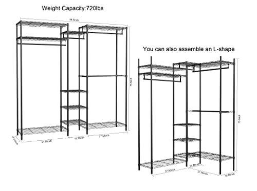 XIOFIO Heavy Duty Wire Garment Rack, Metal Clothing Rack with 4 Hanging Rods and 9 Shelves, Freestanding Open Wardrobe Organizer for Hanging Clothes , 68.5"L x 16.5"W x 76.7"H Max Load 800LBS, Black