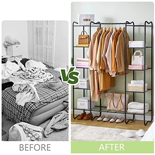 Gewudraw Portable Closet Wardrobe Rack, Wire Garment Rack Clothes Organizer, Clothes Rack with Shelves for Hanging Clothes, Freestanding Closet Metal Wire Shelving Clothes Rack