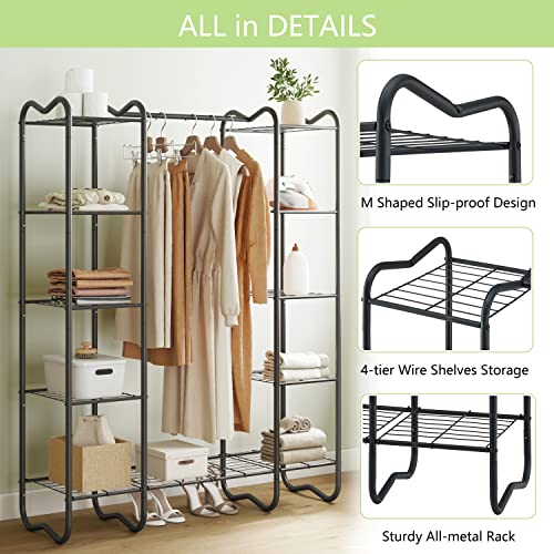 Gewudraw Portable Closet Wardrobe Rack, Wire Garment Rack Clothes Organizer, Clothes Rack with Shelves for Hanging Clothes, Freestanding Closet Metal Wire Shelving Clothes Rack