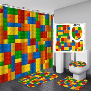 faitove 4pcs kids funny blocks shower curtain sets with non-slip rugs, toilet lid cover and bath mat, colorful shower curtain cloth waterproof polyester fabric bright bathroom wtih hooks, 72 x 72