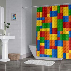 Faitove 4PCS Kids Funny Blocks Shower Curtain Sets with Non-Slip Rugs, Toilet Lid Cover and Bath Mat, Colorful Shower Curtain Cloth Waterproof Polyester Fabric Bright Bathroom wtih Hooks, 72 x 72