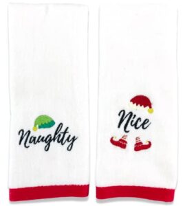 serafina home holiday christmas fingertip towels: white terry cotton embroidered naughty nice elf hats with red border