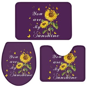3 piece bath rugs sets sunflower butterfly non slip bathroom carpet you are my sunshine dark purple absorbent u-shaped toilet mat, toilet lid cover