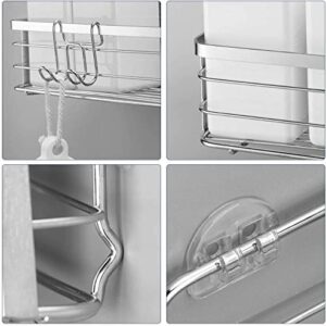 LUXEAR Reusable Adhesive Shower Shelf with Hooks - Rustproof Bathroom Shower Caddy Storage Organizer - Stainless Steel Shower Rack Basket for Shampoo Soap Razor - No glue