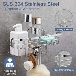 LUXEAR Reusable Adhesive Shower Shelf with Hooks - Rustproof Bathroom Shower Caddy Storage Organizer - Stainless Steel Shower Rack Basket for Shampoo Soap Razor - No glue