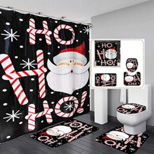 YANR Black Merry Christmas Shower Curtain Sets with Non-Slip Rug Toilet Lid Cover and Bath Mat Santa Ho Ho Ho 4 PCS Shower Curtain with 12 Hooks for Holiday Decoration