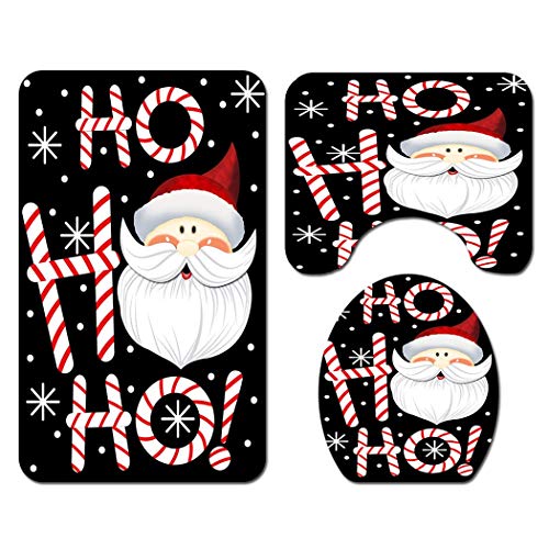 YANR Black Merry Christmas Shower Curtain Sets with Non-Slip Rug Toilet Lid Cover and Bath Mat Santa Ho Ho Ho 4 PCS Shower Curtain with 12 Hooks for Holiday Decoration