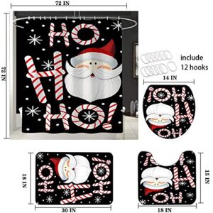 YANR Black Merry Christmas Shower Curtain Sets with Non-Slip Rug Toilet Lid Cover and Bath Mat Santa Ho Ho Ho 4 PCS Shower Curtain with 12 Hooks for Holiday Decoration