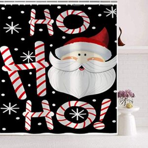 YANR Black Merry Christmas Shower Curtain Sets with Non-Slip Rug Toilet Lid Cover and Bath Mat Santa Ho Ho Ho 4 PCS Shower Curtain with 12 Hooks for Holiday Decoration