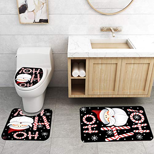 YANR Black Merry Christmas Shower Curtain Sets with Non-Slip Rug Toilet Lid Cover and Bath Mat Santa Ho Ho Ho 4 PCS Shower Curtain with 12 Hooks for Holiday Decoration