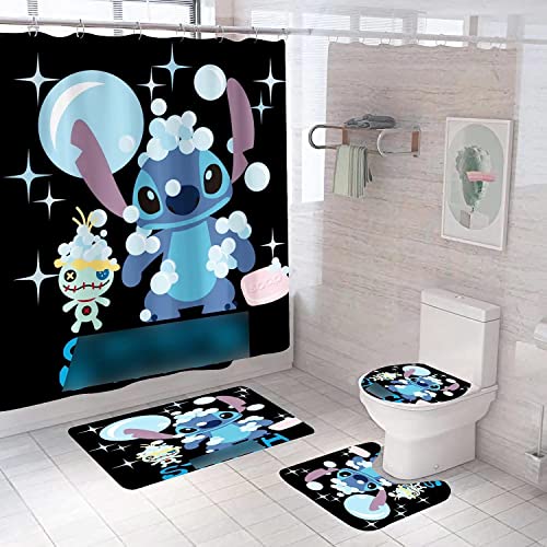 PJZGVZ 4 Pcs Shower Curtain Set with Non Slip Rugs, Toilet Lid Cover and Bath Mat, Shower Curtain with One Size