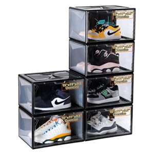 shoe storage boxes organizers 15" x 11" x 9.25" extra large size sneaker display shoe containers clear plastic stackable with lids magnetic side opening door for collection display (6 pack, black)