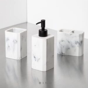 BINO Bathroom Accessories Set - Matte Marble | Soap Dispenser | Toothbrush Holder | Tumbler | 3-Piece Bathroom Organizer Countertop Set | Bathroom Decor | Home Decor | Bathroom Set