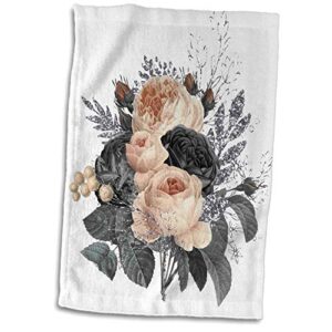 3drose towel, pretty peach, gray, black, and image of silver floral design