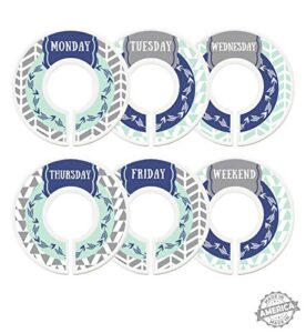 modish labels, weekly clothes organizer, days of the week closet organizer system, daily closet organizer, closet dividers, school clothes dividers (navy mint arrows)