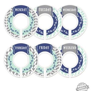 Modish Labels, Weekly Clothes Organizer, Days of The Week Closet Organizer System, Daily Closet Organizer, Closet Dividers, School Clothes Dividers (Navy Mint Arrows)