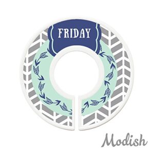 Modish Labels, Weekly Clothes Organizer, Days of The Week Closet Organizer System, Daily Closet Organizer, Closet Dividers, School Clothes Dividers (Navy Mint Arrows)