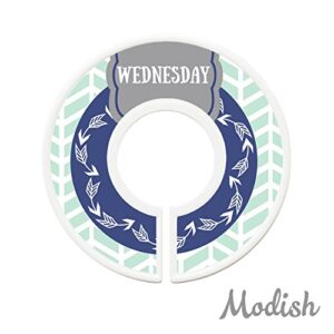 Modish Labels, Weekly Clothes Organizer, Days of The Week Closet Organizer System, Daily Closet Organizer, Closet Dividers, School Clothes Dividers (Navy Mint Arrows)