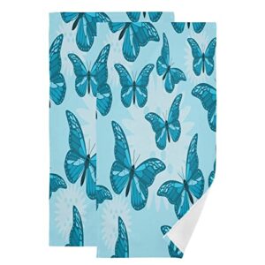 kigai 2 pack pretty blue butterfly hand towels set kitchen towels super soft highly absorbent fingertip towel for bath,kitchen,gym and spa