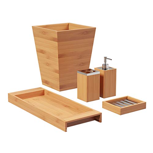 5-Piece Bathroom Decor Set - Bamboo Bathroom Accessories Set with Trash Can, Soap Dish, Soap Dispenser, Toothbrush Holder, and Tray by Lavish Home