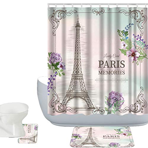 Amagical Paris Memories Eiffel Tower Pattern 3 Piece Shower Curtain Set Bathroom Mat Set Bath Mat Contour Mat Bath Curtain with 12 Hooks