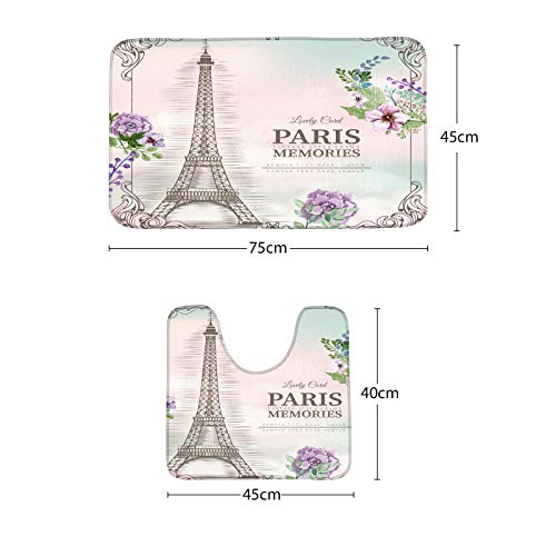 Amagical Paris Memories Eiffel Tower Pattern 3 Piece Shower Curtain Set Bathroom Mat Set Bath Mat Contour Mat Bath Curtain with 12 Hooks