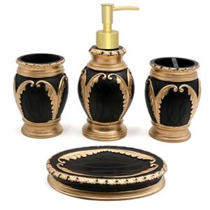 LUANT 4 Pieces Bathroom Accessory Set Including Tumbler, Toothbrush Holder, Soap Dish and Soap Dispenser, Black with Gold