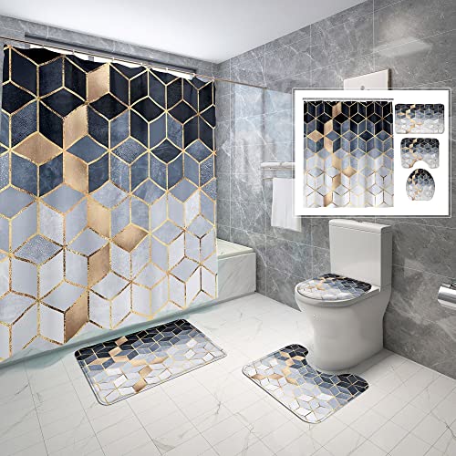 Yuaobeimei Geometric Marble Shower Curtain Sets with Rugs and Bathroom Mat 4-Piece 3D Print Waterproof Diamond Marbling Shower Curtain Bathroom Decor