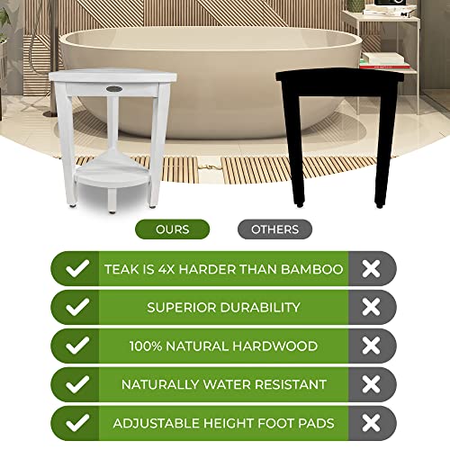 CoastalVogue Snazzy Corner Teak Shower Corner Bench Wood Corner Shower Seat Bench with Shelf 15" Wide Corner Shower Foot Stool in Antique White Finish