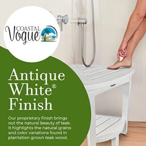 CoastalVogue Snazzy Corner Teak Shower Corner Bench Wood Corner Shower Seat Bench with Shelf 15" Wide Corner Shower Foot Stool in Antique White Finish