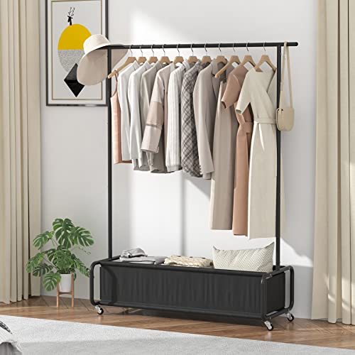 Boeeoan Clothes Rack With Large Storage Bag, Clothes Organizer Stand on Wheels, 2-in-1 Freestanding Garment Rack, Rolling Clothes Storage Cart, Coat Rack, for Bedroom, Laundry Room, Living-room, Black