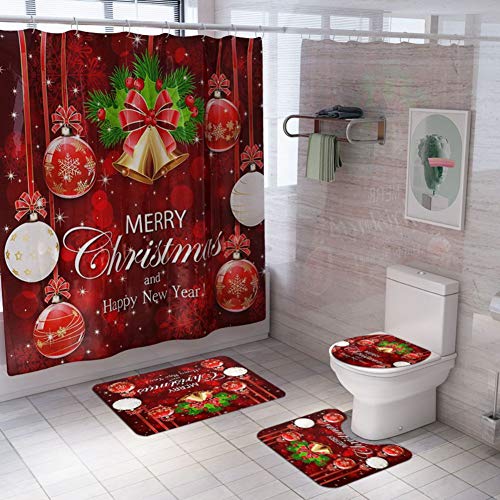 Kingkun Christmas Shower Curtain Sets with12 Hooks, Non-Slip Rugs + Toilet Lid Cover + Bath Mat 4Pcs Xmas Tree Ball Snowflake Shower Curtain for Merry Christmas Decoration