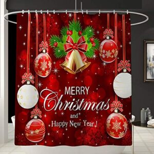 Kingkun Christmas Shower Curtain Sets with12 Hooks, Non-Slip Rugs + Toilet Lid Cover + Bath Mat 4Pcs Xmas Tree Ball Snowflake Shower Curtain for Merry Christmas Decoration