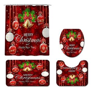 Kingkun Christmas Shower Curtain Sets with12 Hooks, Non-Slip Rugs + Toilet Lid Cover + Bath Mat 4Pcs Xmas Tree Ball Snowflake Shower Curtain for Merry Christmas Decoration