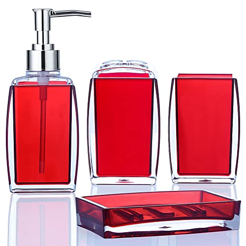 Yueranhu Red Bathroom Accessories Set, 4-Pieces Acrylic Bathroom Accesory Set Decor Gift - Toothbrush Holder, Toothbrush Cup, Soap/Lotion Dispenser, Soap Dish