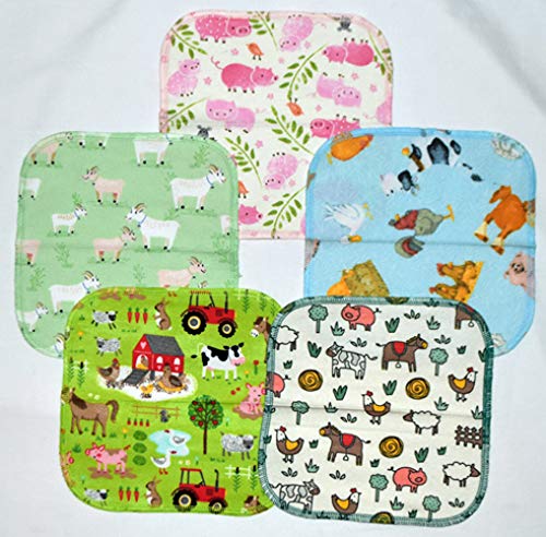 1 Ply Printed Flannel 8x8 Inches Little Wipes Set of 5 Farm AnimalsFBA